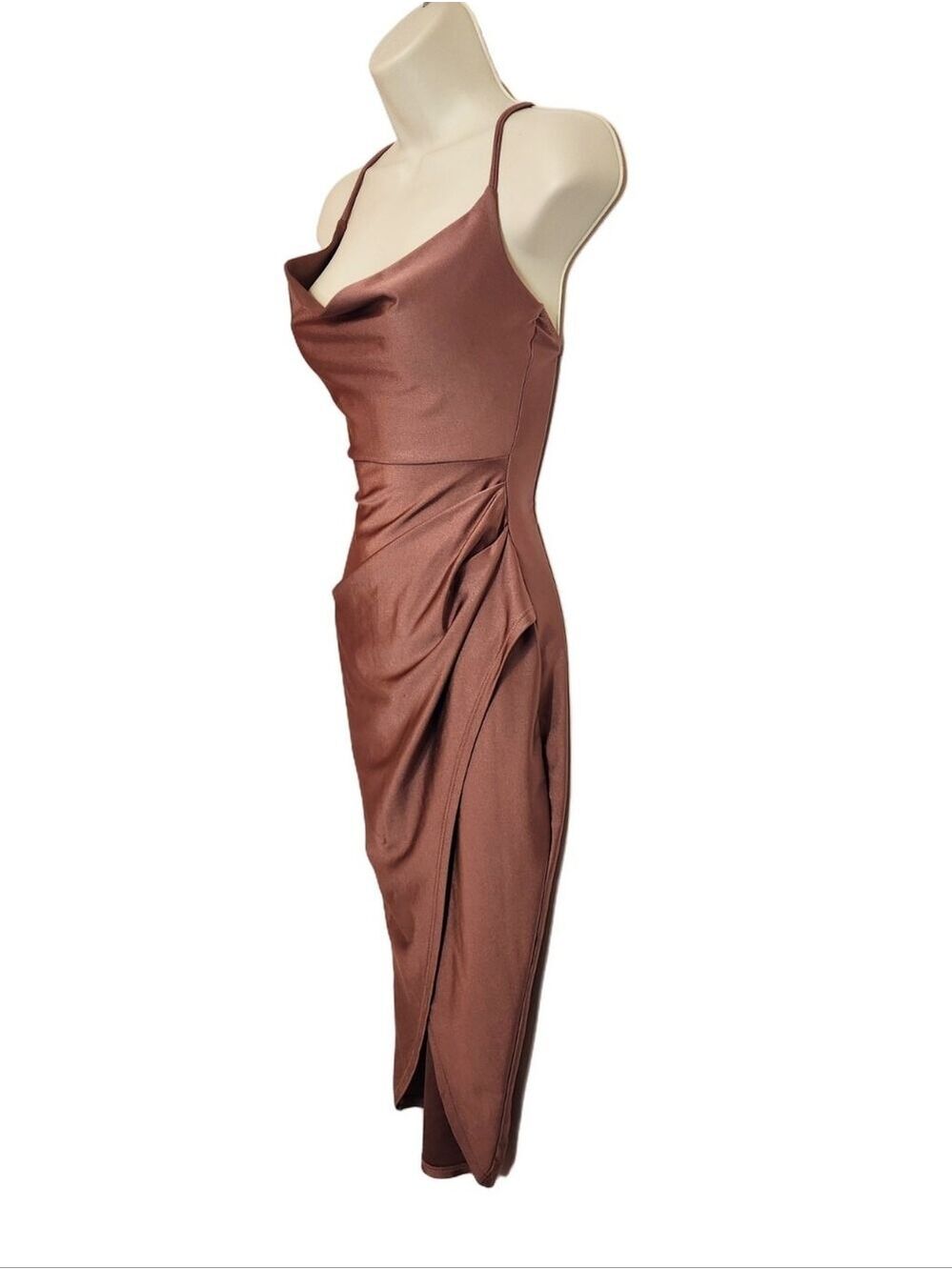 Windsor Satin Spaghetti Strap Asymmetrical Split Party Midi Dress Brown X-Small - Picture 4 of 10